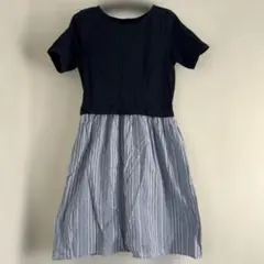 New Fashion ネイビー半袖ストライプひざ丈ワンピース　LL