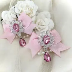 ハンドメイド ヘアクリップ 量産型 リボン ドロップパーツ ピンク