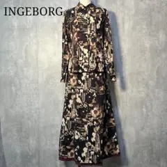 INGEBORG 好配色フラワーアート柄 ロングスカートセットアップ 上M 下L