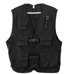 新品/匿名/メンズ アウトドアベスト 多機能 ジップアップ＆バックル薄地 L位黒
