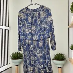 ネイビー 花柄 ロングワンピース 長袖Mサイズ