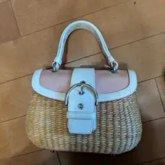 コーチ カゴバッグ ピンク 白 ハンドバッグ