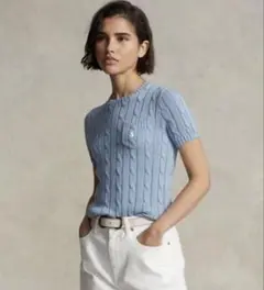 週末セールPOLORALPHLAURENTシャツ半袖ケーブルニットブルー薄手ポロ