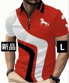 【新品/Lサイズ】ゴルフウェア メンズ 半袖 ポロシャツ ハーフジップ 赤白