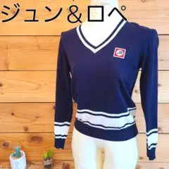 ジュン&ロペ☆ゴルフ☆Vネックセーター☆刺繍ロゴ☆ネイビー×ホワイト☆Mサイズ
