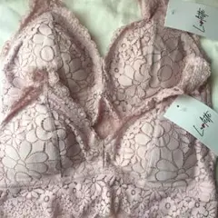 【2枚組】ピンク　ノンワイヤー総レースブラジャー　ナイトブラ　育乳ブラ