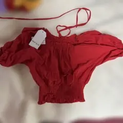 レッド M 半袖シャーリングブラウス