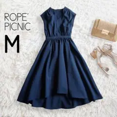 リネン風ワンピース M ネイビー 半袖 フレア ロング／ROPE' PICNIC