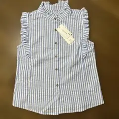 フリル付きノースリーブシャツ 青白ストライプ