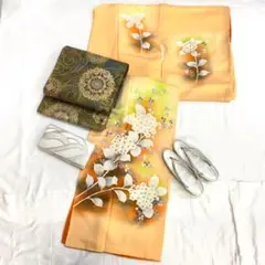 【2110】着物 訪問着 袷 正絹 紫陽花 単品販売♪ オレンジ