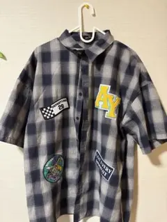 チェック柄 半袖シャツ パッチ付き