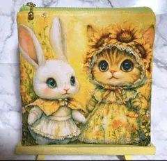 2656✨ひまわりにゃんことうさぎさん✨両面　フラットポーチ　ハンドメイド