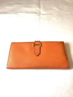 エルメス ベアン 長財布 ゴールド金具 レッド オレンジ 刻印C