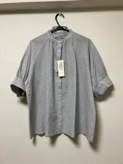 【新品・未使用】studio CLIPシングルガーゼ 襟フリル五分袖シャツ L