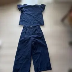 ネイビー フレアスリーブ トップス ワイドパンツ セットアップ