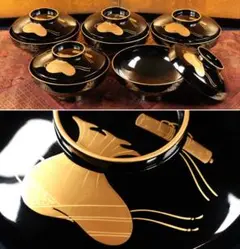 CA61 輪島塗宝尽くし金蒔絵黒塗椀五客 吸物煮物汁椀茶懐石木製漆器黒漆正月宴席