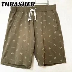 THRASHER スラッシャー ショートパンツ 総柄 4L カーキ プリントロゴ