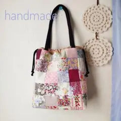 ハンドメイド　パッチワーク　巾着トートバッグ　ピンク　花柄