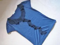 【未使用に近い】紺色シフォンフリル/上品ブルー カットソー/M