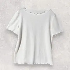 GU ジーユー フリルメロー リブ Tシャツ オフホワイト S 上品 3243