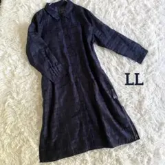 【美品 LL】シアーチェック ネイビー ロングシャツワンピース羽織りにも◎透け感