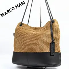 【極美品】マルコマージ　伊製　ラフィア×シボ加工牛革　バケツ型巾着かごバッグ黒 極美品】マルコマージ 伊製 ラフィア×シボ加工牛革 バケツ型巾着