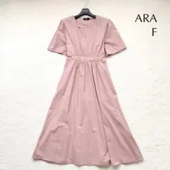 【 ARA アラ 】 半袖 ロングワンピース ポケットあり リネン風 フレア F