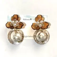 3弁花ビッグフラワーべっ甲☆転写ビーズピアス