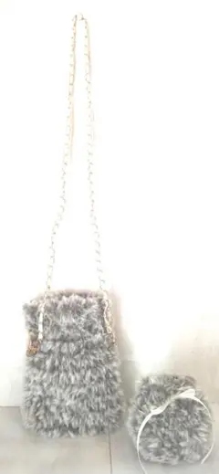 ふわもこ　ブラウンファー素材のスマホショルダーバッグと巾着