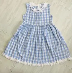 水色と白のチェック ノースリーブワンピース