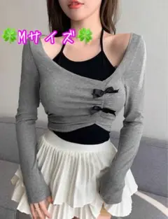 韓国スタイル　オフショルダーリボン付き長袖トップス