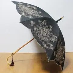 新品 ボタニカル刺しゅう バンブーハンドル タッセル飾り 耐風 晴雨兼用長傘 黒