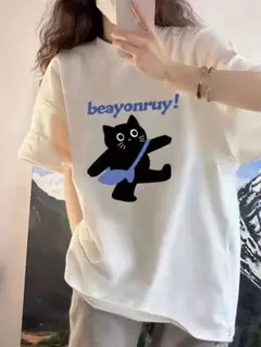 100％純綿 女性用 かわいい猫プリント 半袖Tシャツ - ルーズフィット