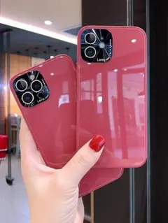 ガラスiphone12proケース 赤 カメラ保護スマホケース
