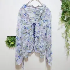 f6-22【美品】ルーニィ 花柄レースアップ ギャザーシフォン シアーブラウス