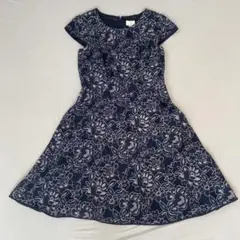 美品　エマジェイムス　ワンピース　花柄　膝丈　半袖　フレア　ネイビー　Aライン