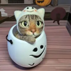 猫31⭐️キジトラ 羊毛フェルト おばけ ハロウィン バケツ 置物 ネコ