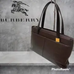 ③バーバリー ノバチェック 上質レザートートーバッグ ブラウン 金プレートロゴ