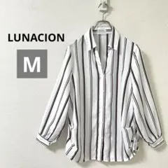 LUNACION　ブラウス　ストライプ　スキッパーシャツ　ギャザー　ホワイト