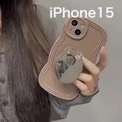早い者勝ちiPhone 15ケース ミラー グリップ付 韓国　ベージュ