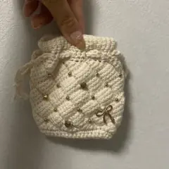 【ハンドメイド】ビーズ×キルティング風 大人可愛いコットン巾着 キルティング