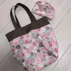 ハンドメイドトートバッグエコバッグピンク花柄、ポーチおまけ。