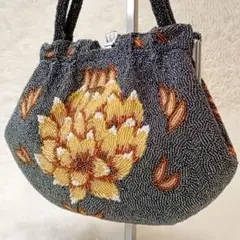 ビーズバッグ　ハンドバッグ　和装　花柄　がま口　ネイビー　シルバー　式典