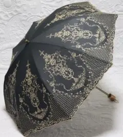 新品【晴雨兼用 折りたたみ傘 】麻混 繊細 高級感 豪華刺繍 雨傘 日傘 黒