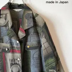 レトロ古着 日本製 アート総柄シャツ オープンカラー 金ボタン 抽象柄 M 黒