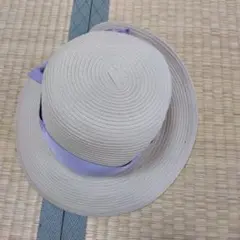 ベージュ 麦わら帽子 ラベンダーリボン 52センチ