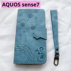 AQUOS sense 7 ケース 手帳型 青緑 猫