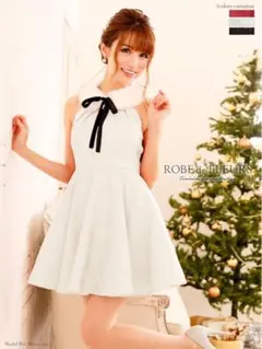 ROBE de FLEURS ファーティペット付きミニフレアホルターネックドレス