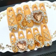 ネイルチップ 量産型 地雷 ゴテゴテ オレンジ ハートビジュー
