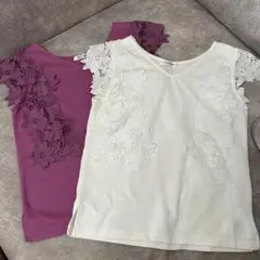 【美品】【2色セット】フラワー刺繍　半袖Tシャツ ホワイト/パープルピンク